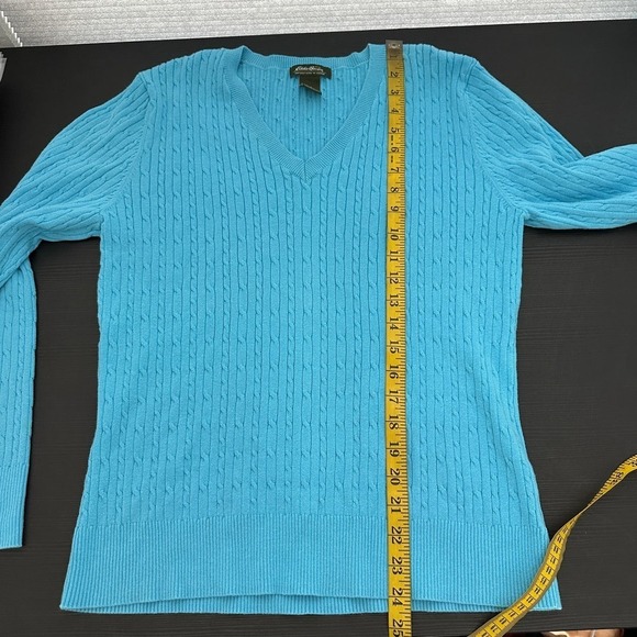 Eddie Bauer Blue V-Neck Long Sleeve Cable Knit Pullover Sweater Size Large FLAW - Picture 8 of 10